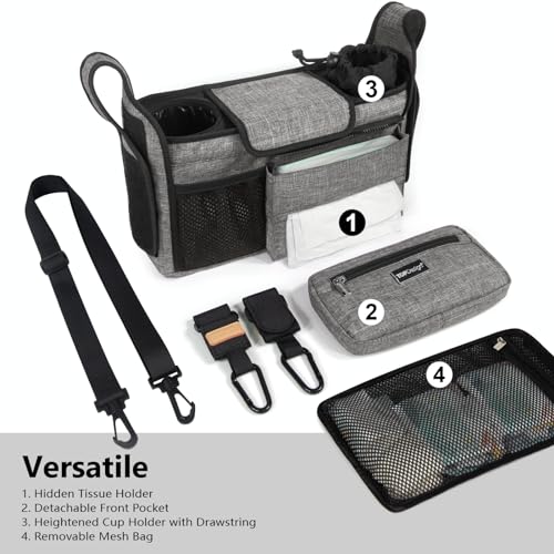 TOPDesign Universal Baby Stroller Organizer Stroller Caddy with Detachable Mesh Bag Heightened Insulated Cup Holders NonSlip Secure Hooks Accessories Fits Most Strollers Grey - Image 3