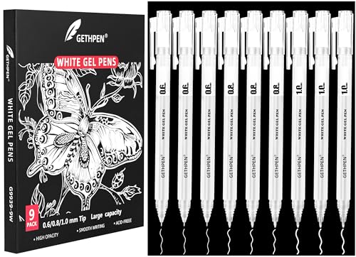 GETHPEN White Gel Pens06mm 08mm 10mm Fine Point Opaque White Archival Ink Pen for Black Paper Drawing Sketching Illustration Bullet Journaling Pack of 9 - Image 1