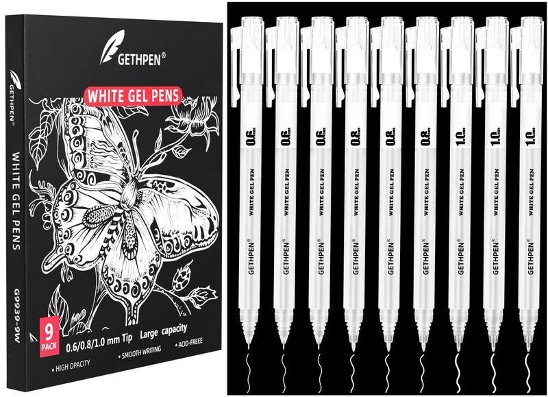 GETHPEN White Gel Pens06mm 08mm 10mm Fine Point Opaque White Archival Ink Pen for Black Paper Drawing Sketching Illustration Bullet Journaling Pack of 9 - Image 3