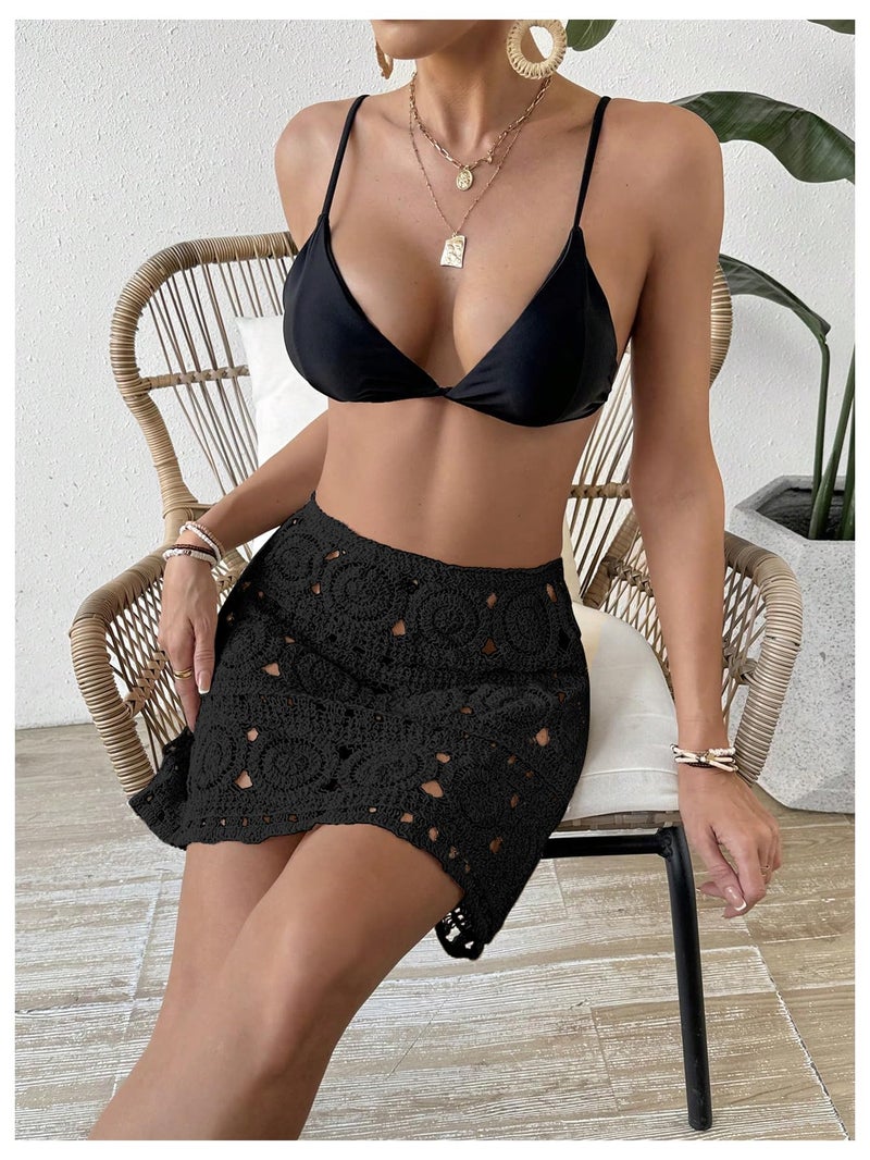 WDIRARA Women's Hollow Out Crochet Knit Cover Up Skirt High Waisted Sheer Beach Skirts Black Small - Image 5