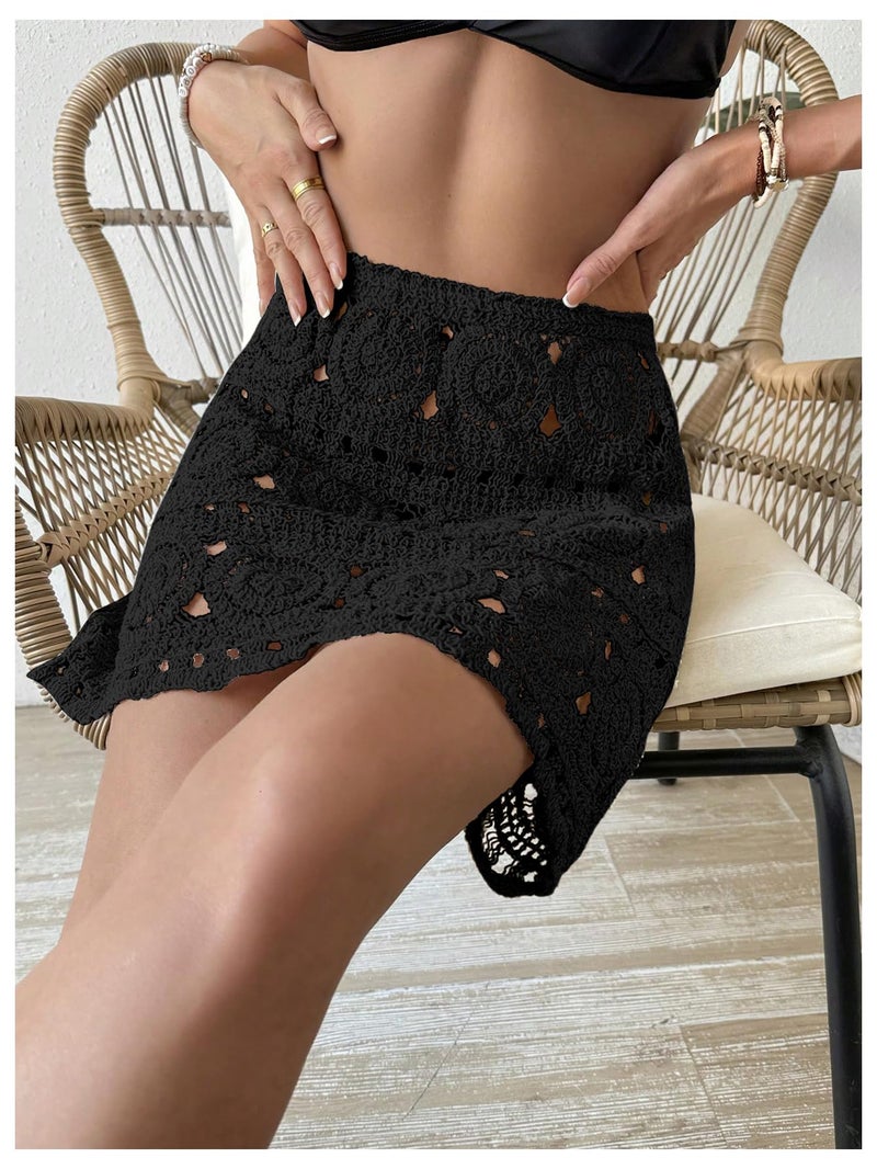 WDIRARA Women's Hollow Out Crochet Knit Cover Up Skirt High Waisted Sheer Beach Skirts Black Small - Image 3