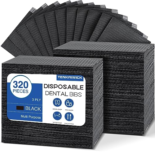 TENKAIWICK 320 Pack Disposable Dental Bibs 13"x18", 3-Ply Waterproof Tattoo Bibs Sheet for Nail Salon, Dental Clinic, Feeding, Tattoo Shop (Black) - Image 1