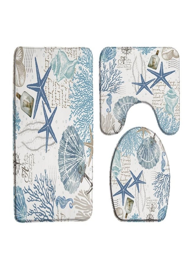 EVRCVAR 3PCS Bathroom Mat Set, Nautical Coastal Starfish Seashell Coral Ocean Beach Seascape U-Shaped Mat and Toilet Lid Cover Soft Plush Memory Foam Bathroom Toilet Rugs - Image 1
