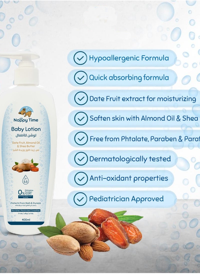 Nappy time Nappy Time Baby Lotion with Date Fruit, Almond Oil & Shea Butter - Moisturizing & Soothing, 400ml  - Image 1