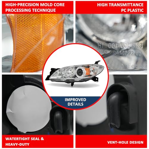 ADCARLIGHTS Headlight Assembly Pair for 2004-2009 Mazda 3 4DR Sedan Projector Chrome Housing Amber Reflector Left Right W/O Bulbs (Not Fit HID/Hatchback) - Image 5
