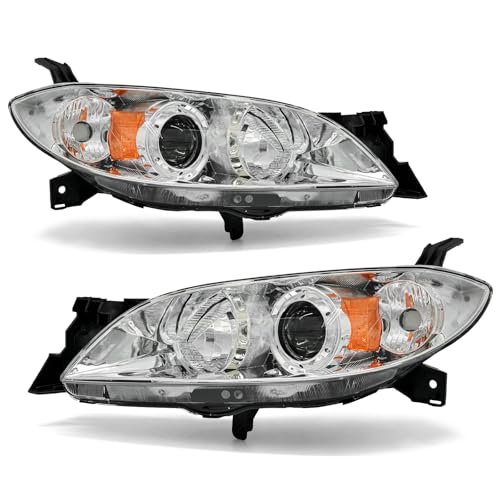ADCARLIGHTS Headlight Assembly Pair for 2004-2009 Mazda 3 4DR Sedan Projector Chrome Housing Amber Reflector Left Right W/O Bulbs (Not Fit HID/Hatchback) - Image 1