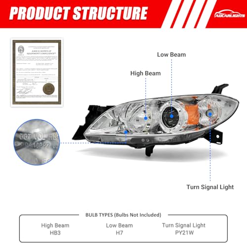 ADCARLIGHTS Headlight Assembly Pair for 2004-2009 Mazda 3 4DR Sedan Projector Chrome Housing Amber Reflector Left Right W/O Bulbs (Not Fit HID/Hatchback) - Image 2