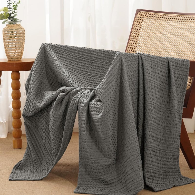 PHF Throw Size Waffle Weave Blanket, Lightweight Soft Woven Summer Blanket for Hot Sleepers, Pet Friendly, 127 cm x 152 cm, Grey - Image 1