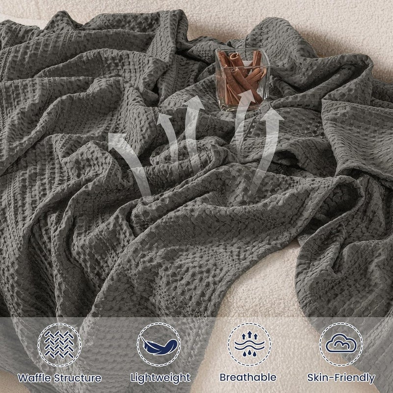 PHF Throw Size Waffle Weave Blanket, Lightweight Soft Woven Summer Blanket for Hot Sleepers, Pet Friendly, 127 cm x 152 cm, Grey - Image 3