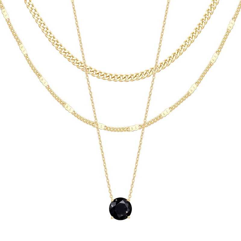 WomenGifts Black Created CZ Layered Necklace Set, 14K Gold Plated Black Zirconia Pendant with Choker Cuban Link & Satellite Chain, Personalized Jewelry Gift for Her - Image 1