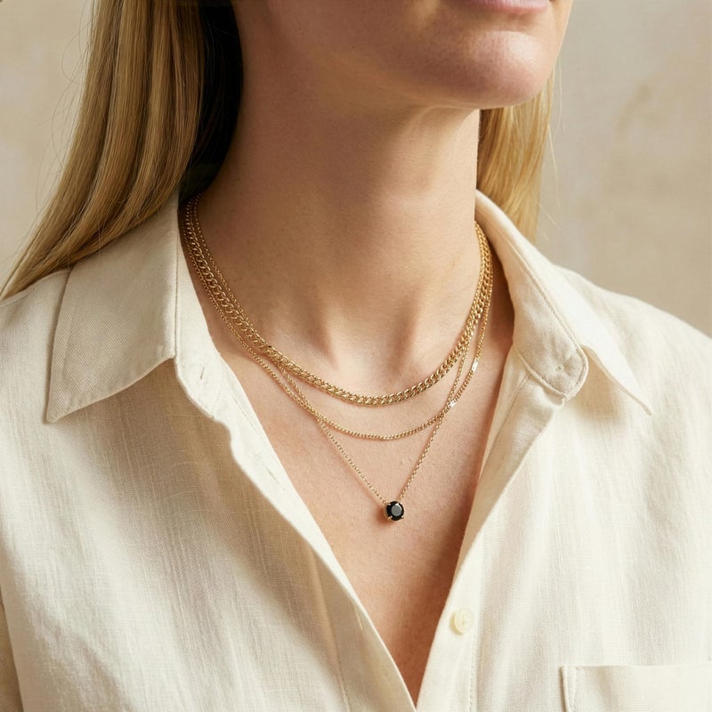 WomenGifts Black Created CZ Layered Necklace Set, 14K Gold Plated Black Zirconia Pendant with Choker Cuban Link & Satellite Chain, Personalized Jewelry Gift for Her - Image 2