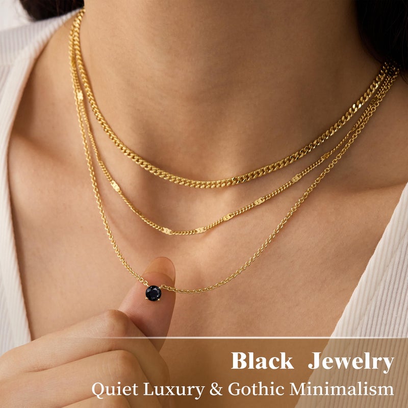 WomenGifts Black Created CZ Layered Necklace Set, 14K Gold Plated Black Zirconia Pendant with Choker Cuban Link & Satellite Chain, Personalized Jewelry Gift for Her - Image 4