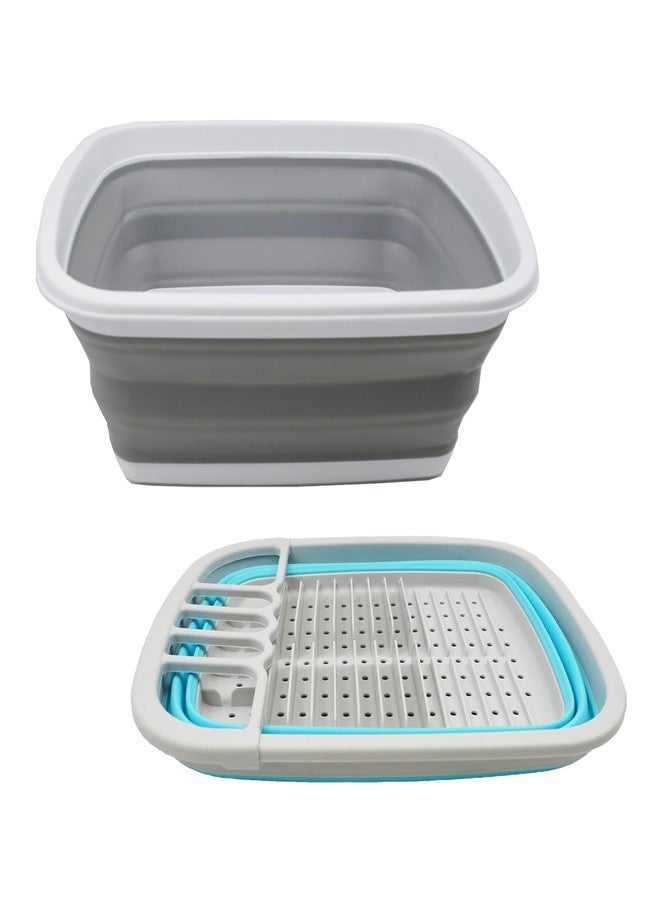 SAMMART 10 Litre (2.6 Gallons) Collapsible Tub & 8L (2.11Gallons) Collapsible Dish Drainer with Drainer Board (Grey+Cyanine (Set of 2)) - Image 2