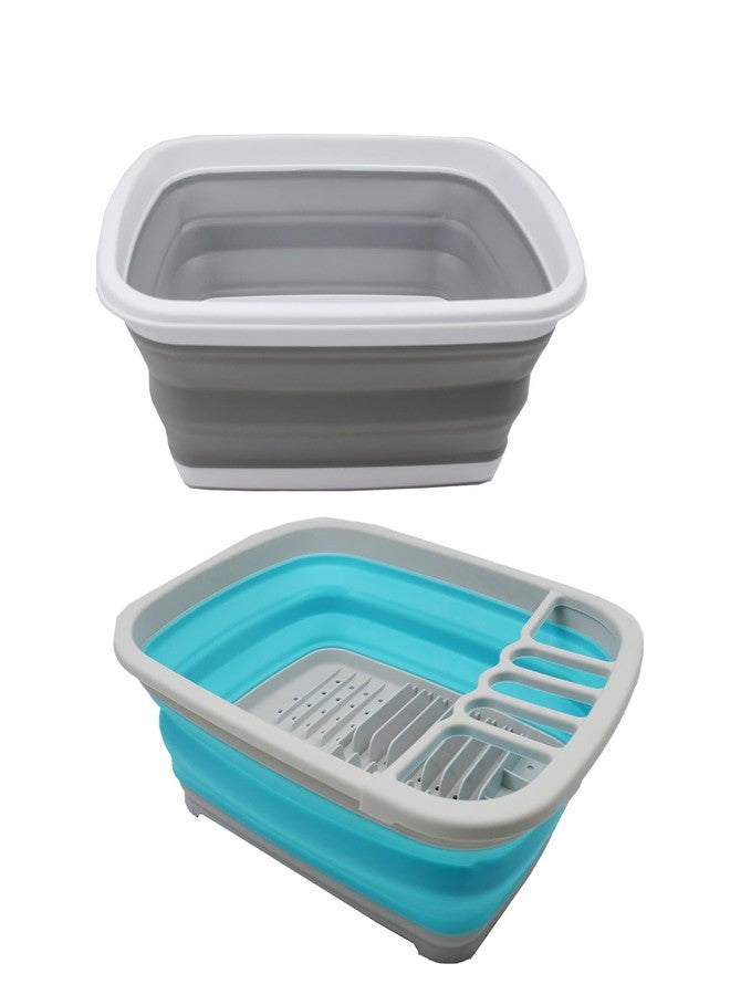 SAMMART 10 Litre (2.6 Gallons) Collapsible Tub & 8L (2.11Gallons) Collapsible Dish Drainer with Drainer Board (Grey+Cyanine (Set of 2)) - Image 1