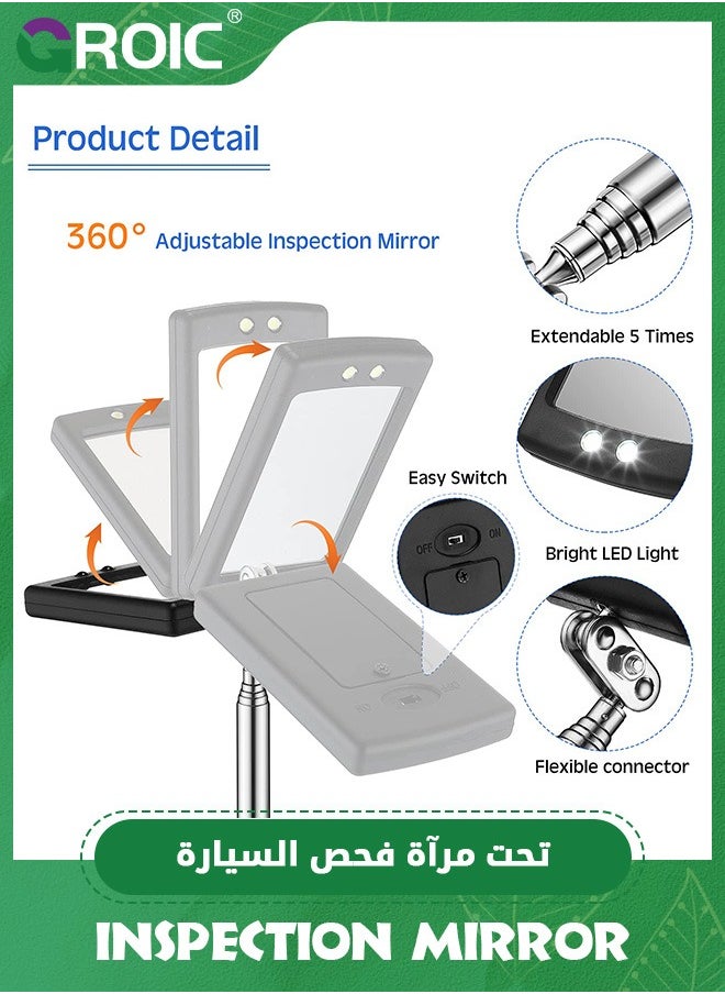 GROIC - Telescoping Inspection Mirror with LED Lighted,87cm Mechanics Mirror Tool with Long Handle, Round Extendable Mirror,Automotive Extension Mirror Round Dental Mirror,Pickup Tools - Image 1
