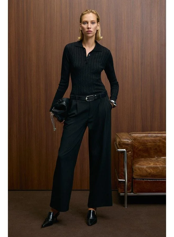 GRIMELANGE CASTANA Women's Polo Collar Buttoned Regular Fit Knit Black Sweater.