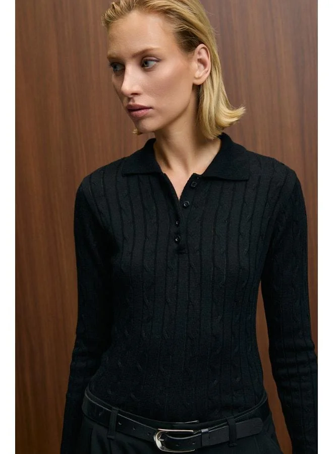 GRIMELANGE CASTANA Women's Polo Collar Buttoned Regular Fit Knit Black Sweater.