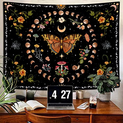 Aipon Orange Butterfly Moon Flower Tapestry Botanical Floral Plant Boho Tapestry for Bedroom Aesthetic Vintage Tapestries Wall Hanging for Living Room Dorm (36.00" x 48.00", Orange) - Image 2