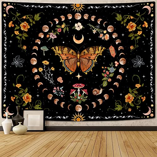 Aipon Orange Butterfly Moon Flower Tapestry Botanical Floral Plant Boho Tapestry for Bedroom Aesthetic Vintage Tapestries Wall Hanging for Living Room Dorm (36.00" x 48.00", Orange) - Image 3