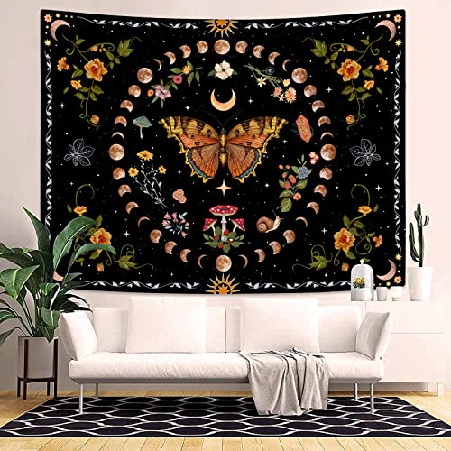Aipon Orange Butterfly Moon Flower Tapestry Botanical Floral Plant Boho Tapestry for Bedroom Aesthetic Vintage Tapestries Wall Hanging for Living Room Dorm (36.00" x 48.00", Orange) - Image 5