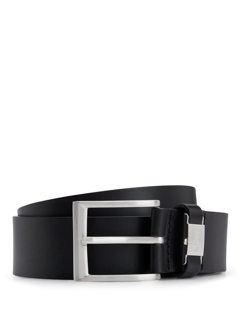 BOSS Italian-leather belt with logo keeper and brushed hardware