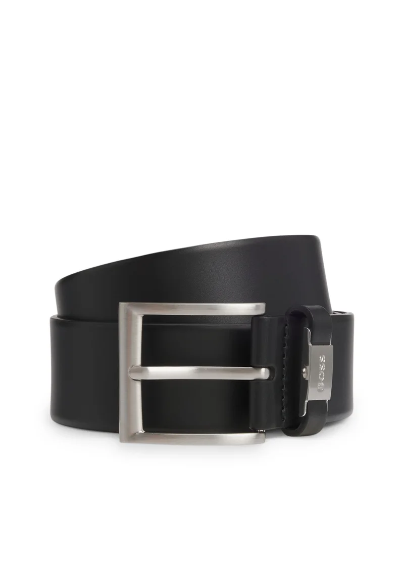 BOSS Italian-leather belt with logo keeper and brushed hardware