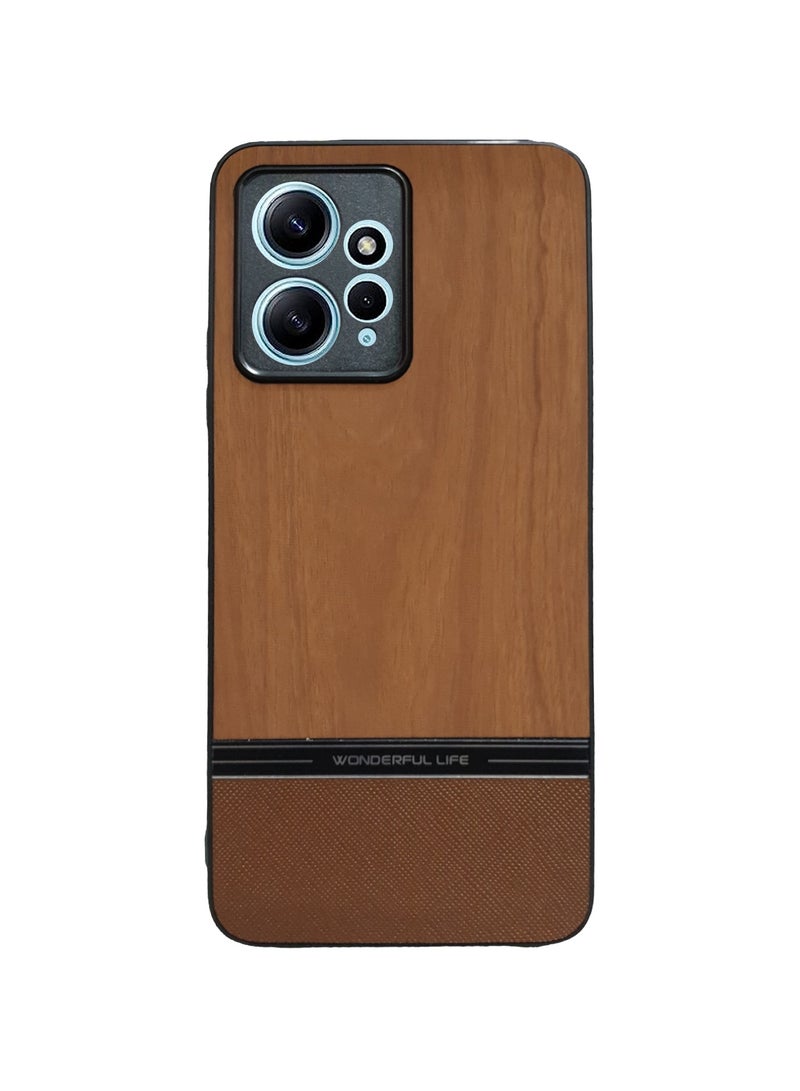 Elmo3ezz Shockproof Wood Grain Skin PU and TPU Shockproof Luxury Phone Case for Xiaomi Redmi Note 12 4G (Brown) - Image 1