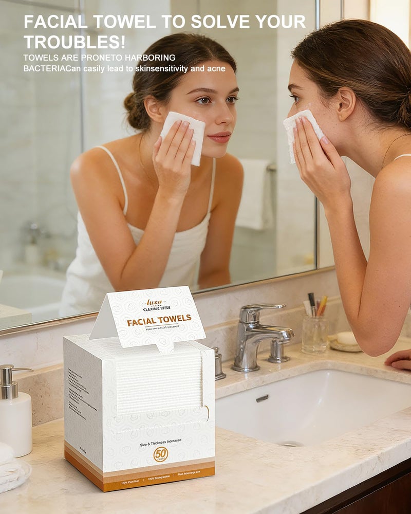 LUXU Face Towels,Facial Towels,100 Ct Disposable Face Towel, 9.8"X9.8"Face Cloths, Makeup Remover Face Towelettes Disposable,Disposable Face Cloths for Sensitive Skin,USDA Biobased Clean Face Towel - Image 5