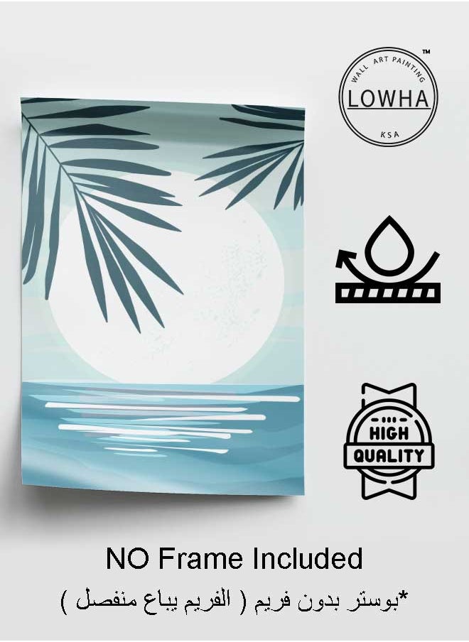 LOWHA - Poster Painting Art With Four Separate Pieces Of Double-Sided Stickers Abstract Seascape Palm Leaves Minimalistic Art For Home Bedroom Living Room And Office Decor - Image 1