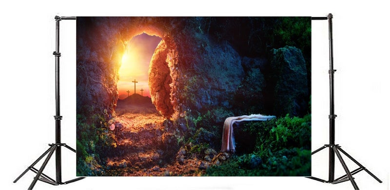 Leowefowa 10x8ft Resurrection of Jesus Backdrop Easter Sunrise Holy Light Empty Tomb Remote Peak Three Crosses Background for Photo Bible Story Church Mural Sanctuary Decor Christianity Wallpeper - Image 3