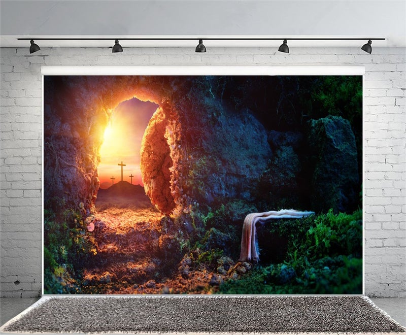 Leowefowa 10x8ft Resurrection of Jesus Backdrop Easter Sunrise Holy Light Empty Tomb Remote Peak Three Crosses Background for Photo Bible Story Church Mural Sanctuary Decor Christianity Wallpeper - Image 4