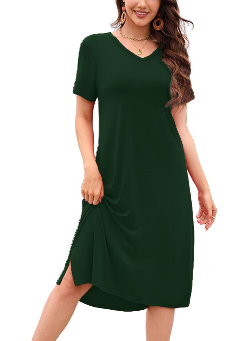 VOBCTY Women's Casual Short Sleeve Tshirt Dress Summer Side Split Loose V Neck Dresses(DG,Large) - Image 1