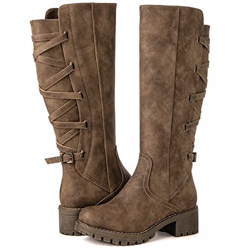 GLOBALWIN Womens Strappy Motorcycle Knee High Boots Brown Wide Calf Riding Boots Fall Winter Fashion Knee High Boots For Women 8M - Image 1