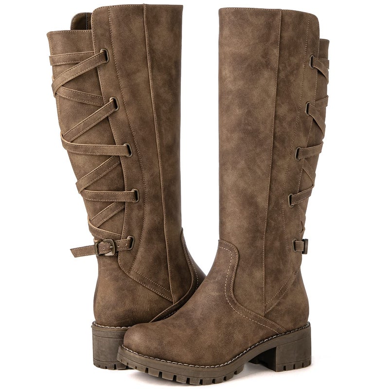GLOBALWIN Womens Strappy Motorcycle Knee High Boots Brown Wide Calf Riding Boots Fall Winter Fashion Knee High Boots For Women 8M - Image 2