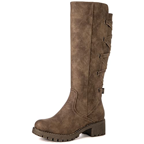 GLOBALWIN Womens Strappy Motorcycle Knee High Boots Brown Wide Calf Riding Boots Fall Winter Fashion Knee High Boots For Women 8M - Image 3