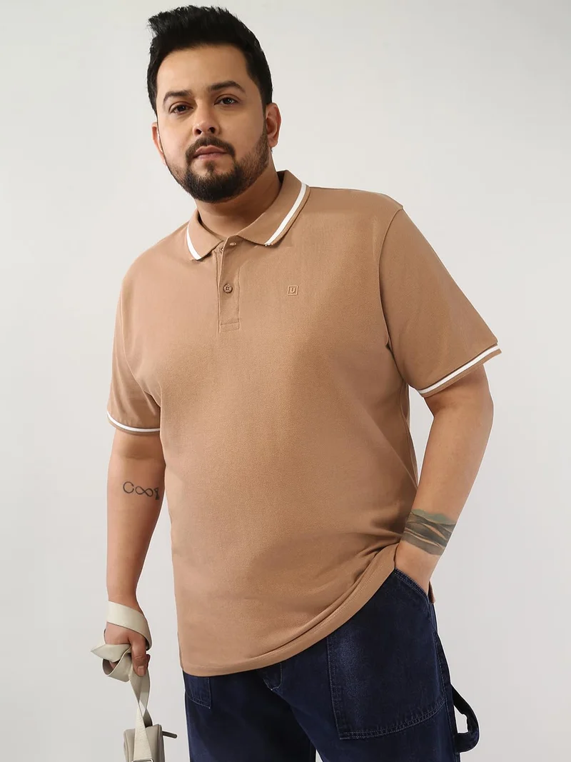 Urbano Plus Men's Mocha Mousse Solid Regular Fit Half Sleeve Cotton Polo T-Shirt