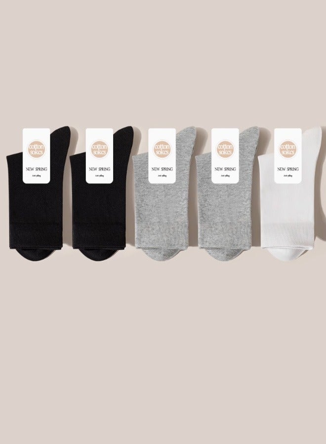 Two pairs of black, two pairs of gray, one pair of white, women's mid length socks, sweat absorbing, breathable, comfortable, women's socks - Image 1