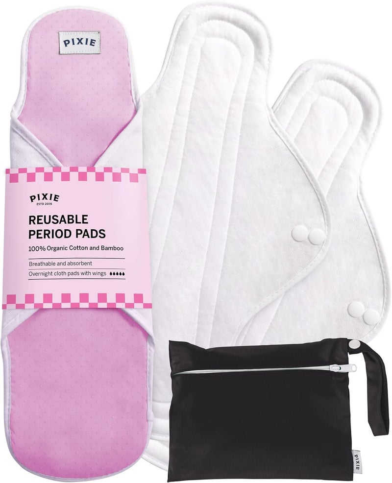 Pixie Cup Pixie Cotton Cloth Pads for Feminine Care - 100% Organic Reusable Pads - Ranked 1 for Softest Menstrual Sanitary Napkins - Machine Washable & Includes Free Wet Bag - Menstrual Liner (Overnight) - Image 1