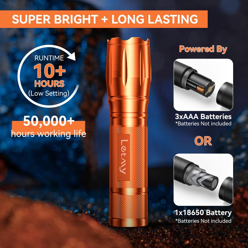 LETMY Tactical Flashlight S2000-2 Pack Bright Military Grade LED Flashlights High Lumens - Portable Handheld Flash Light, 5 Modes Zoomable Waterproof Flashlights for Home Emergency Camping- Orange - Image 3