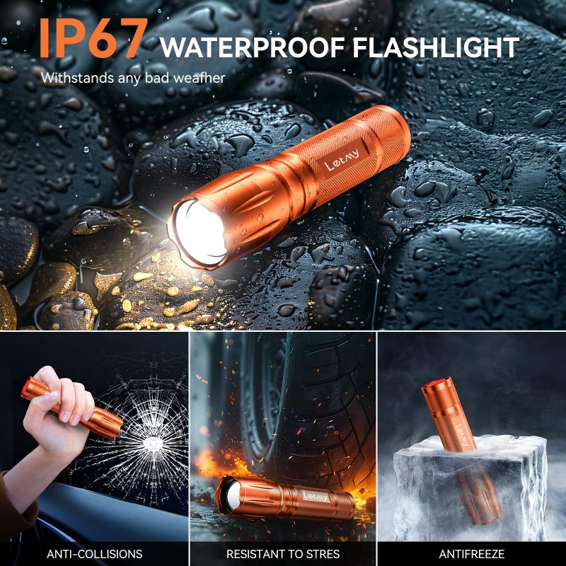 LETMY Tactical Flashlight S2000-2 Pack Bright Military Grade LED Flashlights High Lumens - Portable Handheld Flash Light, 5 Modes Zoomable Waterproof Flashlights for Home Emergency Camping- Orange - Image 5