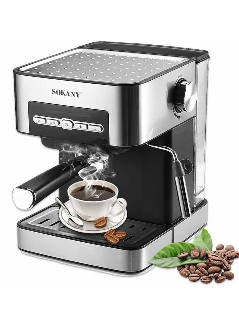 sokany Espresso Coffee Maker,15 Bar Steam Pressure Pump, Swivel Steam Jet to Froth Milk, Automatic Shut-Off 1.6L Water Tank 850W - Black/Silver - Image 1