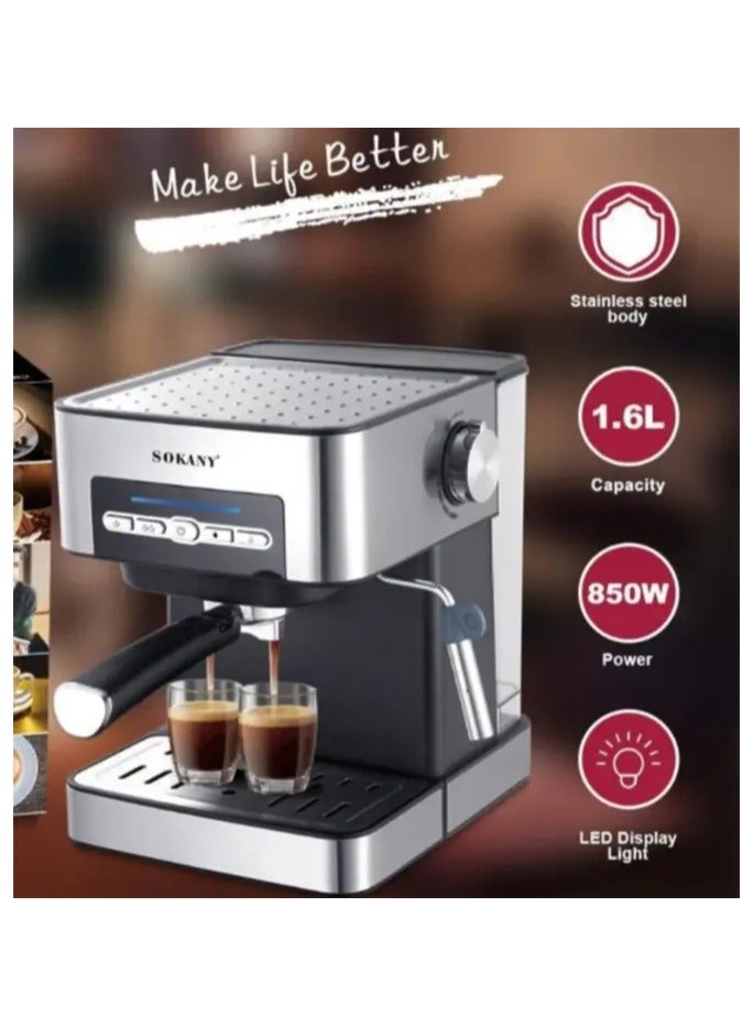 sokany Espresso Coffee Maker,15 Bar Steam Pressure Pump, Swivel Steam Jet to Froth Milk, Automatic Shut-Off 1.6L Water Tank 850W - Black/Silver - Image 2