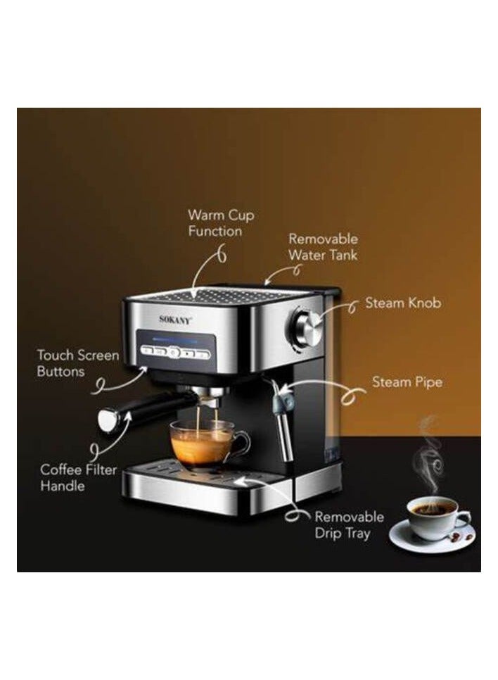 sokany Espresso Coffee Maker,15 Bar Steam Pressure Pump, Swivel Steam Jet to Froth Milk, Automatic Shut-Off 1.6L Water Tank 850W - Black/Silver - Image 3