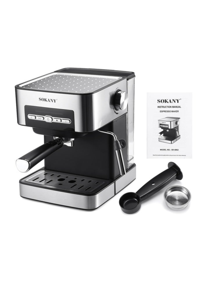 sokany Espresso Coffee Maker,15 Bar Steam Pressure Pump, Swivel Steam Jet to Froth Milk, Automatic Shut-Off 1.6L Water Tank 850W - Black/Silver - Image 4