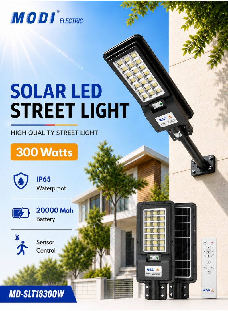 مودي مصباح شارع يعمل بالطاقة الشمسية بقدرة 300 واط، مزود بإضاءة LED بيضاء باردة من نوع SMD بدرجة حرارة لون 6500 كلفن، وبطارية سعة 20 أمبير/ساعة، ولوحة شمسية بقدرة 20 واط، وإضاءة تدوم لأكثر من 12 ساعة، وجهاز تحكم عن بعد، ومستشعر إضاءة تلقائي. - Image 1