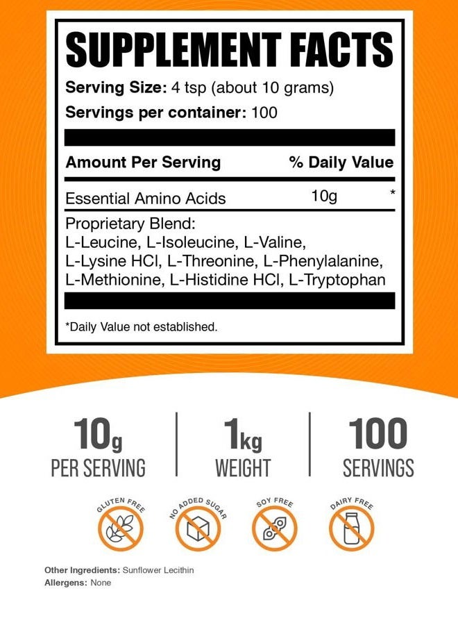 BULKSUPPLEMENTS.COM .com Essential Amino Acids Powder - Essential Amino Acids Supplement, EAA Powder - Unflavored & Gluten Free, 10g per Serving, 1kg (2.2 lbs) (Pack of 1) - Image 2