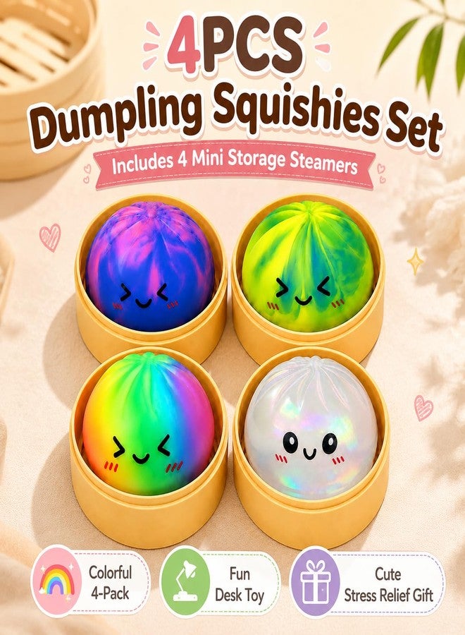 WruFiz 4PCS Dumpling Squishies with Food Steamer,Tie Dye Squeeze Dough Fidget Sensory Stress Balls,Clear Stretchy Squeeze Fidget Stress Balls, Rainbow Sensory Desk Toys for Anxiety Relief Party Gifts - Image 2