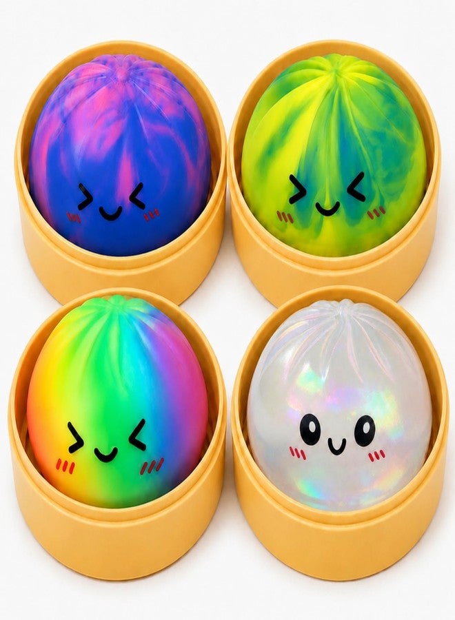 WruFiz 4PCS Dumpling Squishies with Food Steamer,Tie Dye Squeeze Dough Fidget Sensory Stress Balls,Clear Stretchy Squeeze Fidget Stress Balls, Rainbow Sensory Desk Toys for Anxiety Relief Party Gifts - Image 1