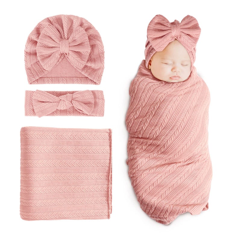 DRESHOW BQUBO Newborn Receiving Blanket Toddler Warm for Girls with Bow Hat and Bow Headband Shower Gift