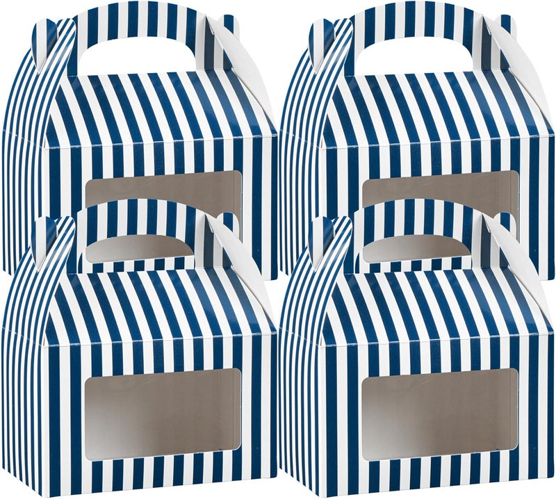 Restaurantware Bio Tek 6 x 35 x 35 Inch Gable Boxes For Party Favor 25 Striped Gift Boxes  Clear Window BuiltIn Handle Blue And White Paper Barn Boxes Disposable For Parties - Image 1